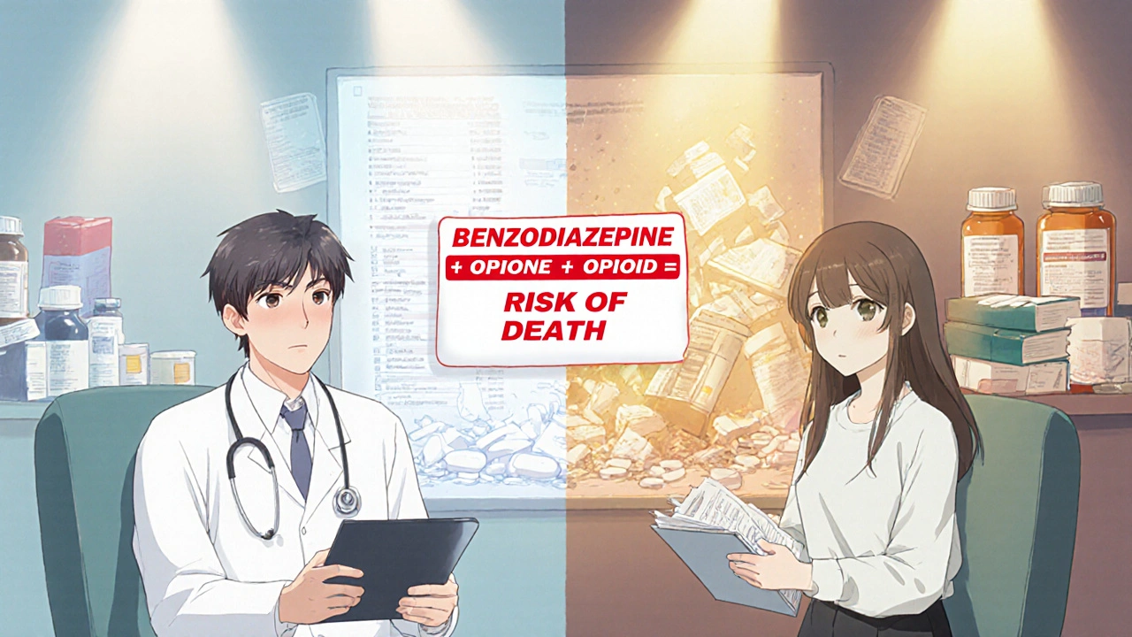 Doctor and patient in clinic with warning tablet and split screen showing safe vs. dangerous options.