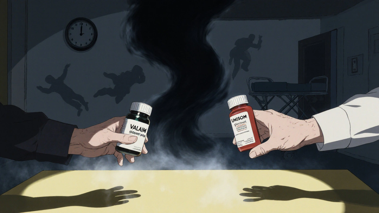 Elderly hands reaching for two pill bottles as a dark fog rises between them at night.