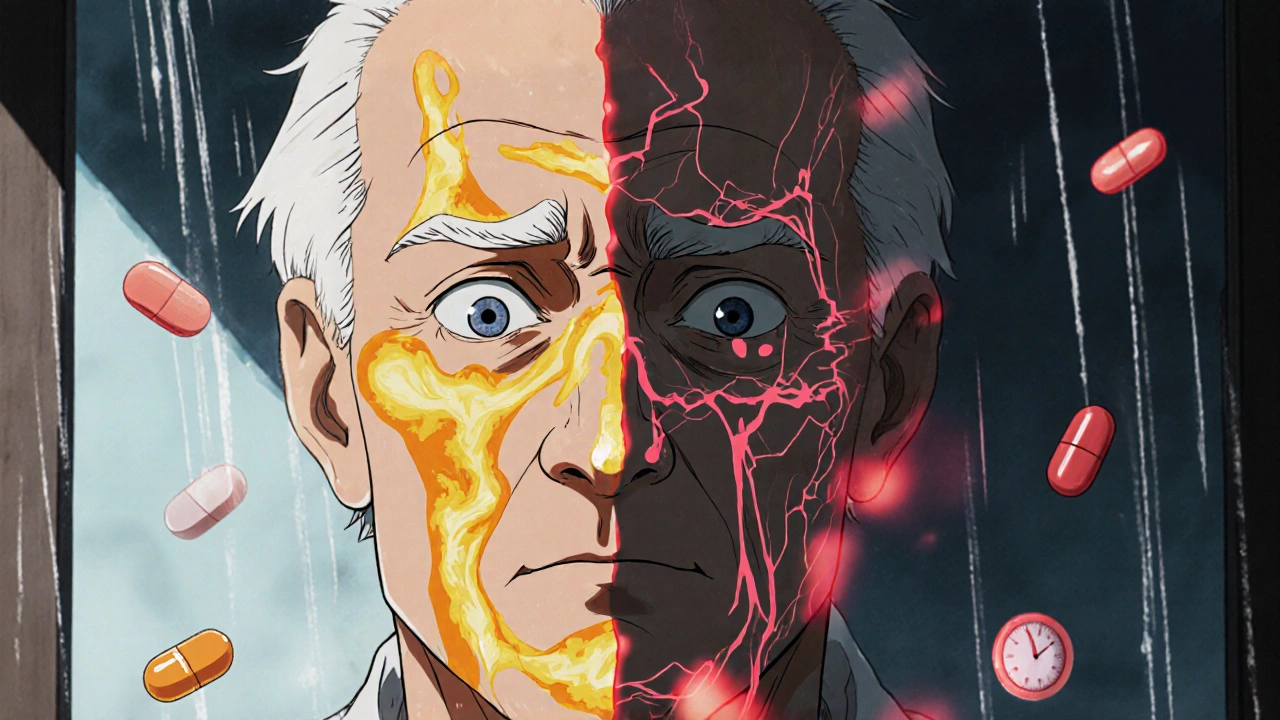 Elderly man taking turmeric capsules as his body shows conflicting health effects.