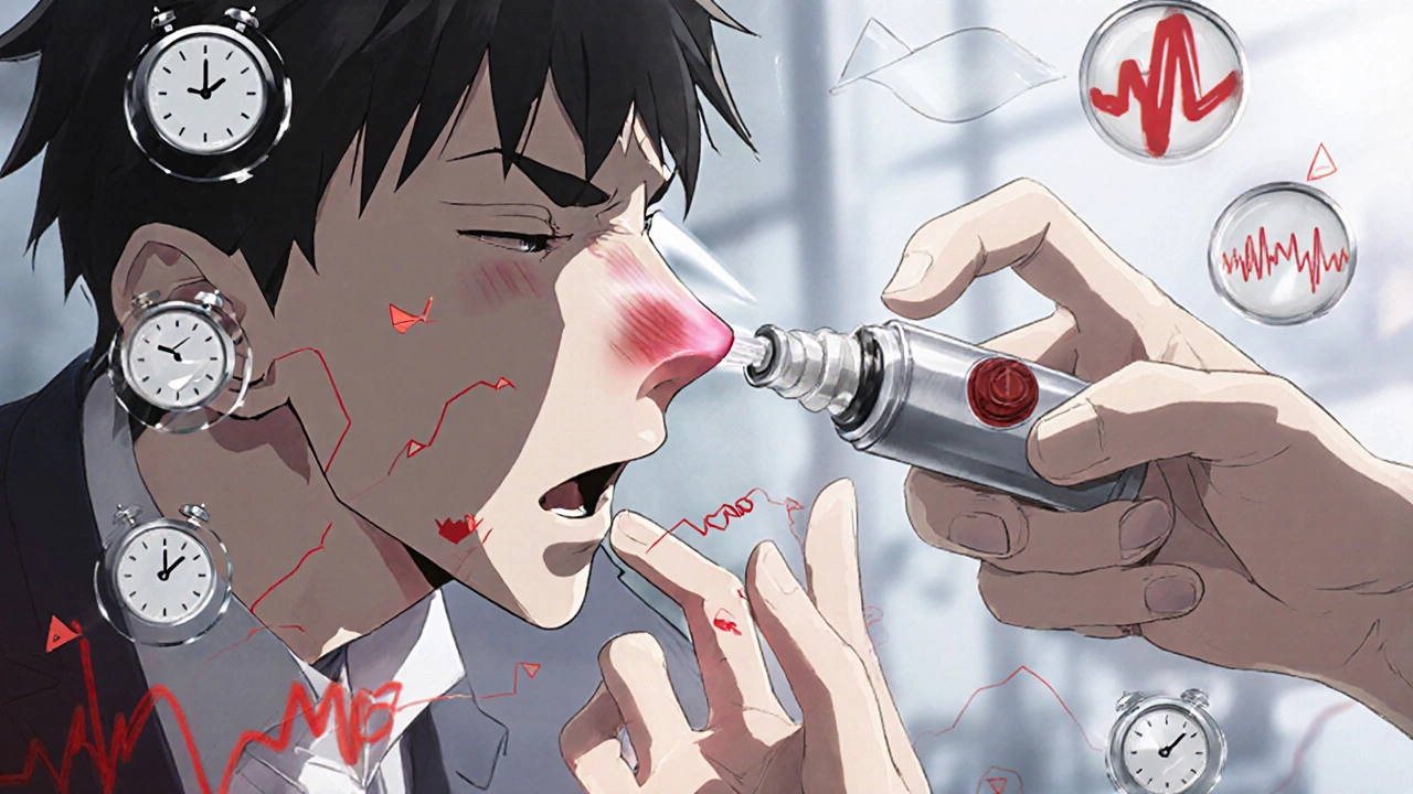 Hand using nasal spray for allergic reaction beside traditional injector, with time and heart icons.