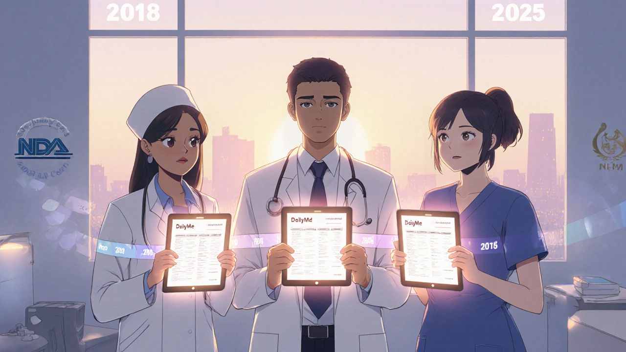 Healthcare team holding tablets showing the same DailyMed label with glowing SET ID.