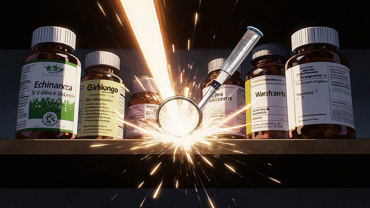 Herbal supplements emitting dangerous energy beams clashing with prescription pills.