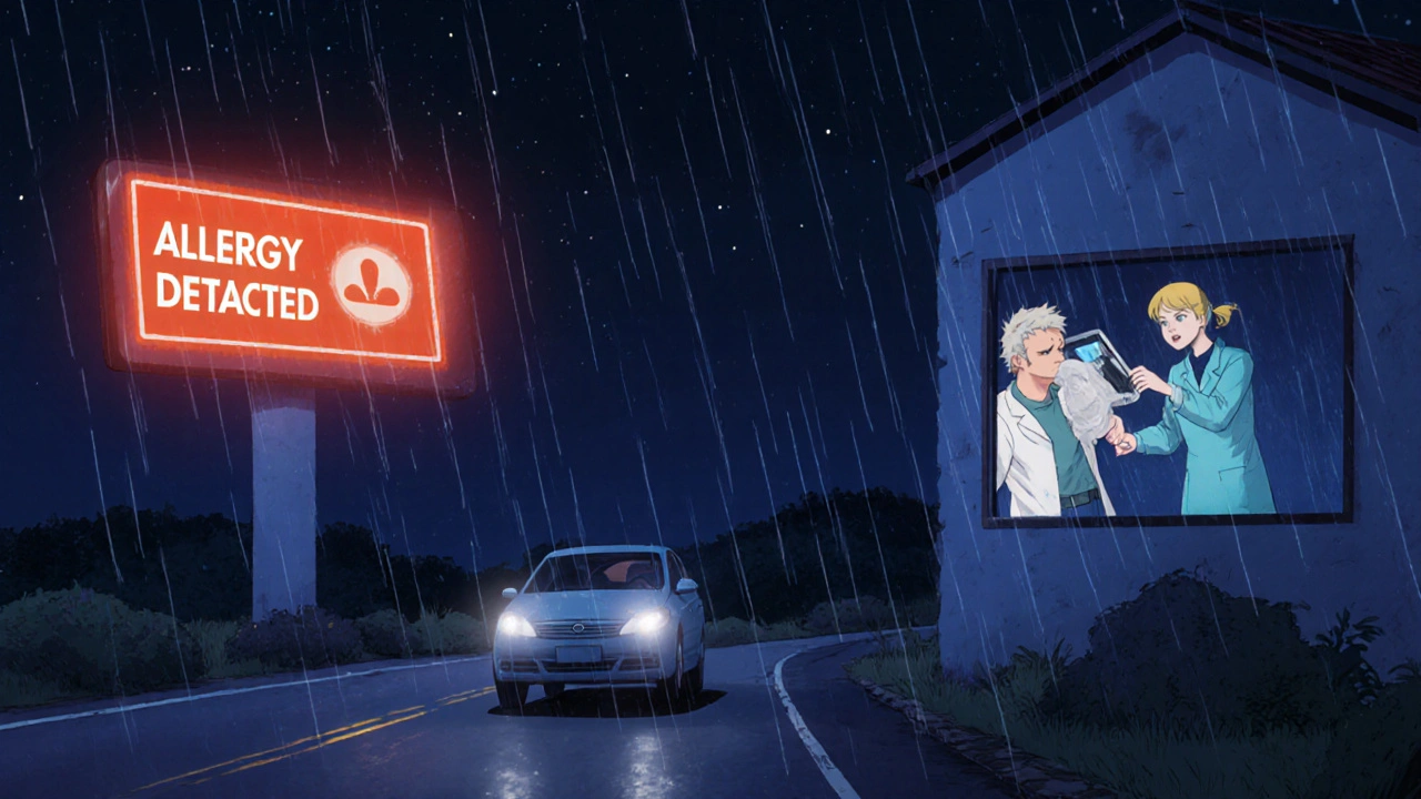 Patient in rural clinic alerted to potential drug allergy during telepharmacy consultation, technician checking for rash.