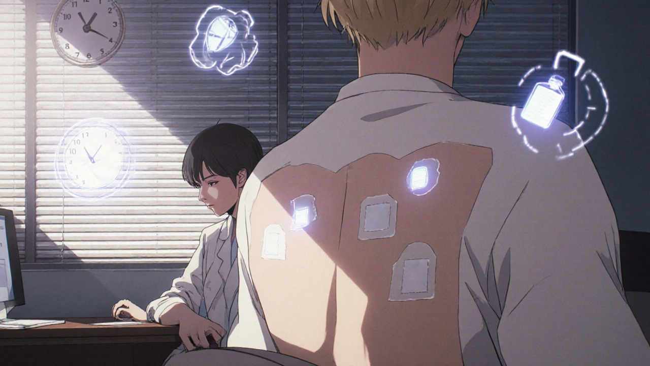 Patient’s back with patch test strips, time progressing from Monday to Friday, allergens glowing faintly.