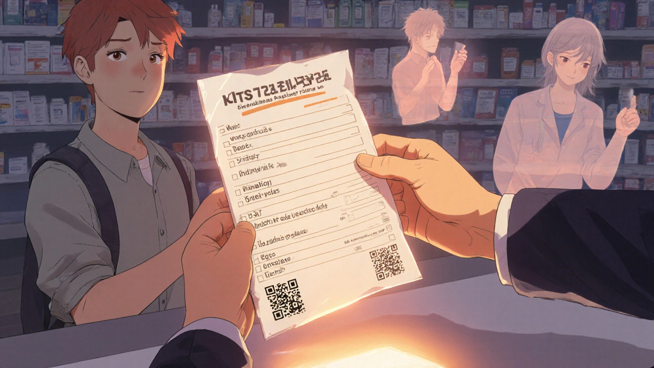 Person giving a laminated medication list to a pharmacist with ghost images of past reactions fading.