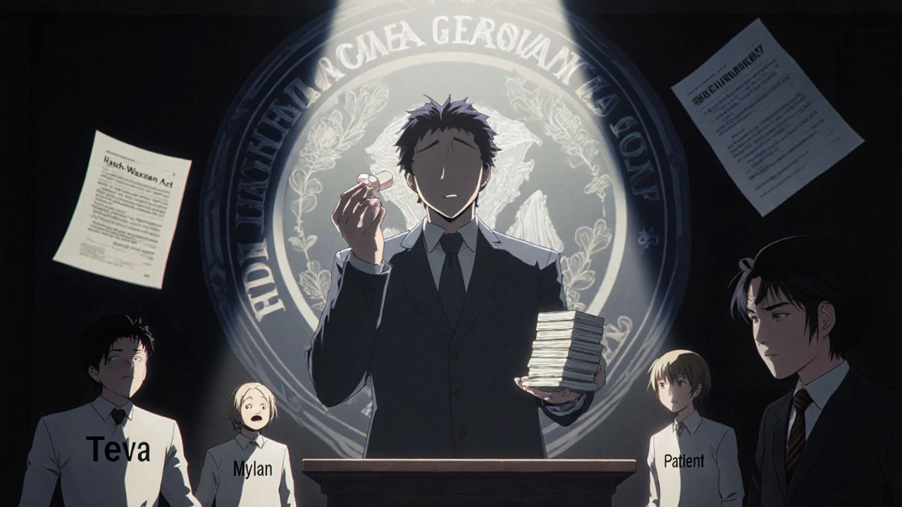 Pharmaceutical company figure holding a pill while legal entities look on in a courtroom setting.