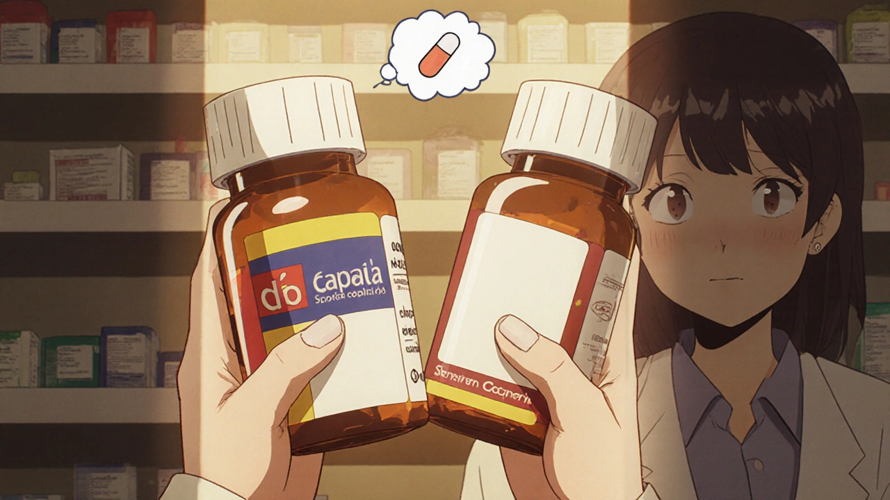 Pharmacist holding two identical pill bottles, one branded, one generic, with a thought bubble showing the same pill inside.