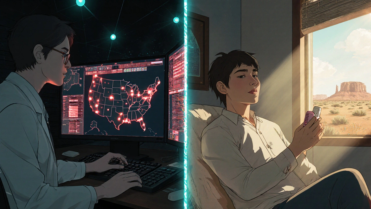 Pharmacist monitoring prescriptions remotely while connected to patients across rural America via digital network.