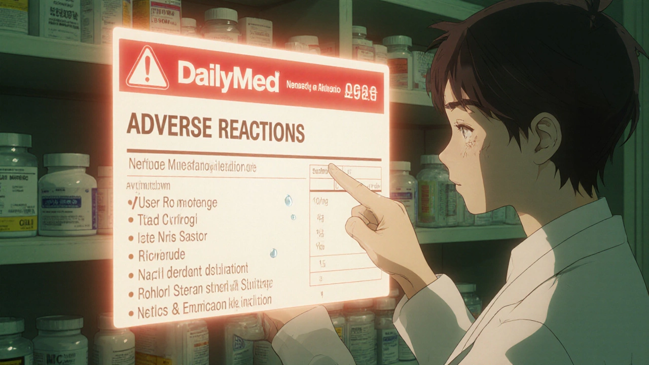 Pharmacist pointing to adverse reactions section on a glowing drug label with boxed warning.