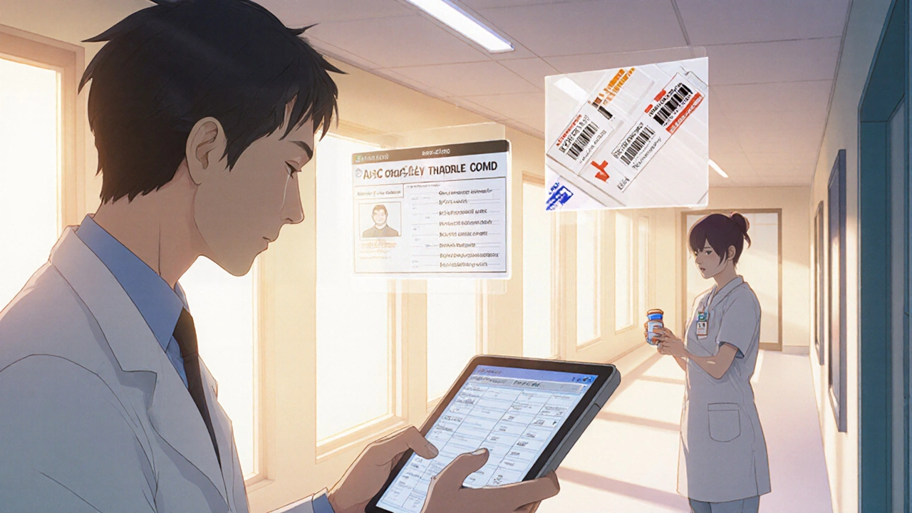 Pharmacist reviewing override logs with patient alerts floating nearby in soft light.