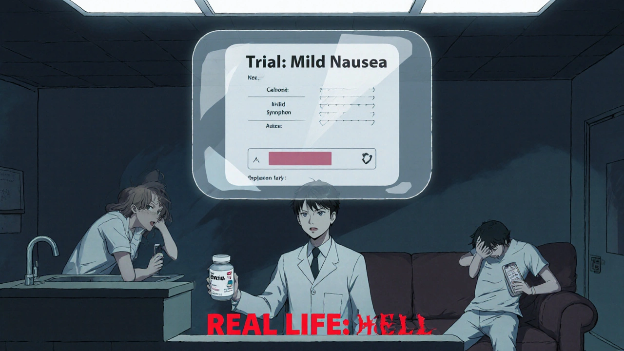 Pharmacist with patients reacting to drug side effects, contrasting trial claims with real-life suffering.