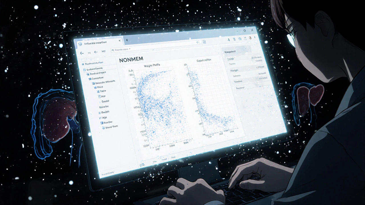 Scientist working on NONMEM software with floating patient data points and organ symbols in the background.