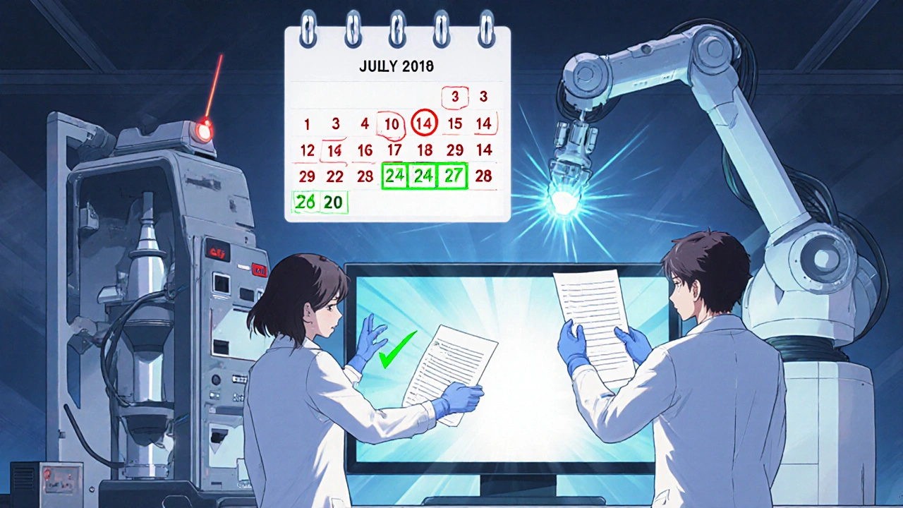 Scientists submit amendments in an FDA lab as deadlines flash and approval lights up.