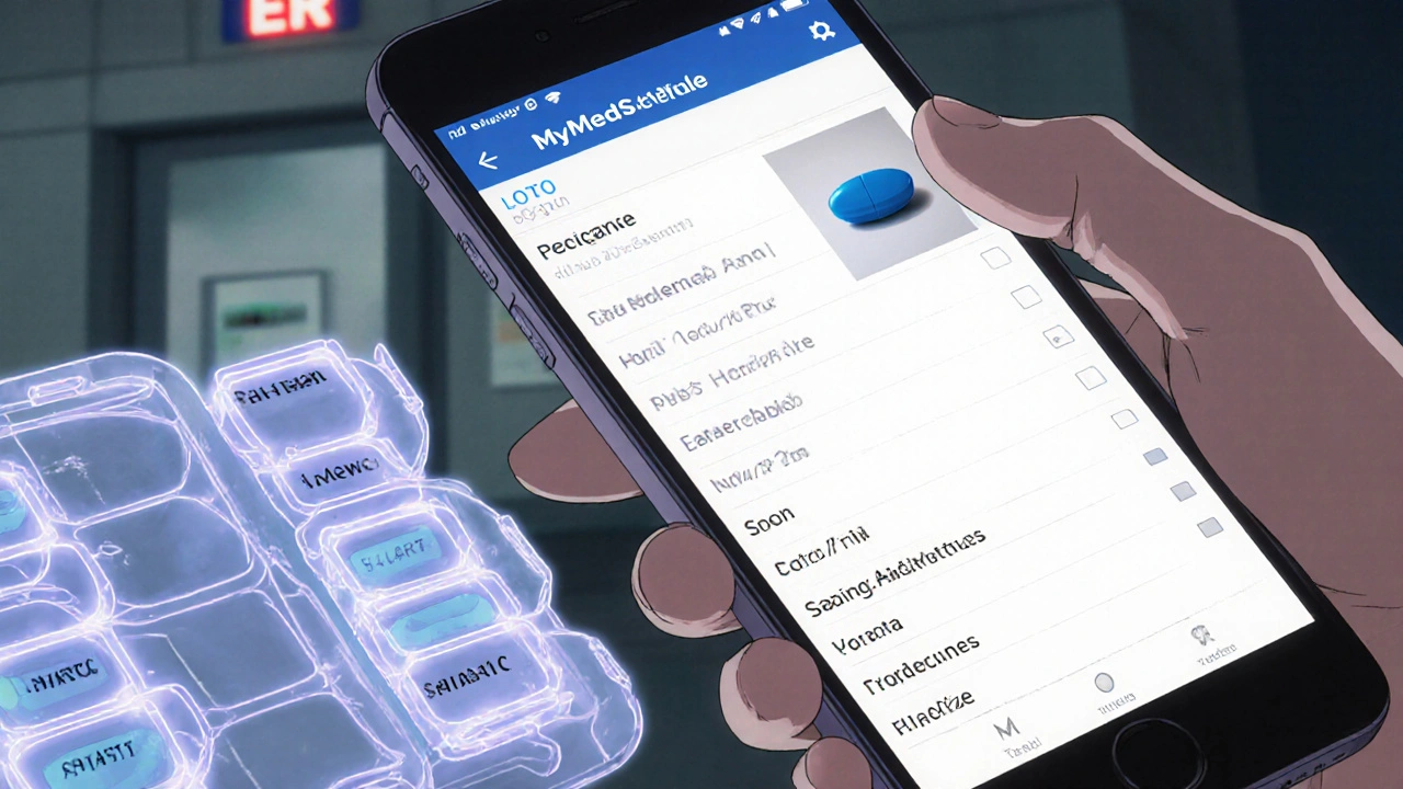 Smartphone showing a pill photo being recognized by a medication app beside a pill organizer.