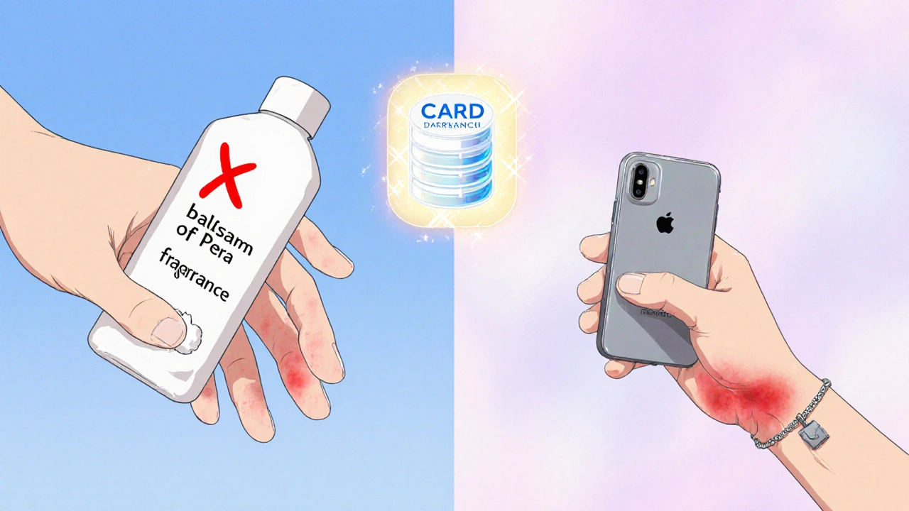 Split image: irritated hand vs. healed hand with safe products and CARD database icon floating above.