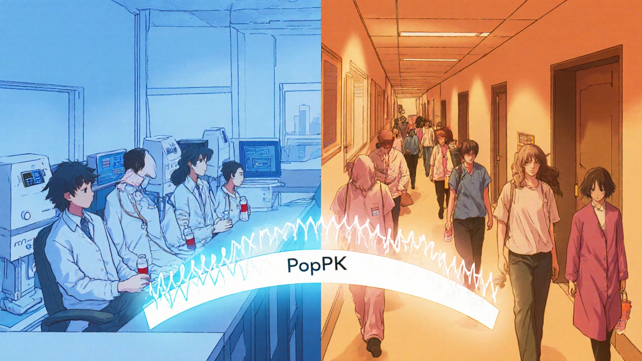 Split scene: rigid lab trial on left, real-world patients on right, connected by a glowing PopPK bridge.