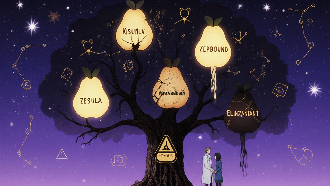 Tree with medicine-labeled fruits glowing, doctor and patient beneath, warning symbols in stars.