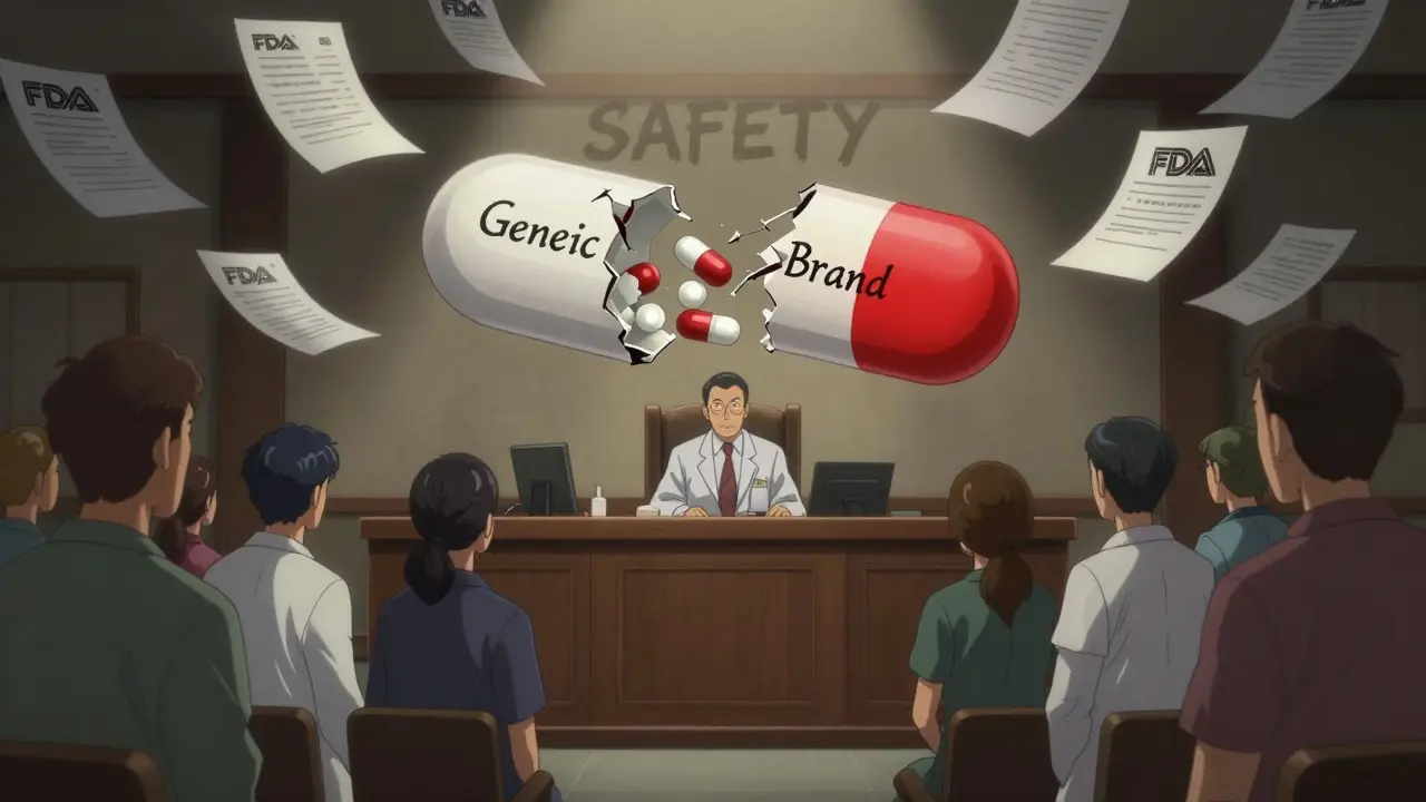 A cracked combination pill splits in court, symbolizing legal and medical uncertainty.