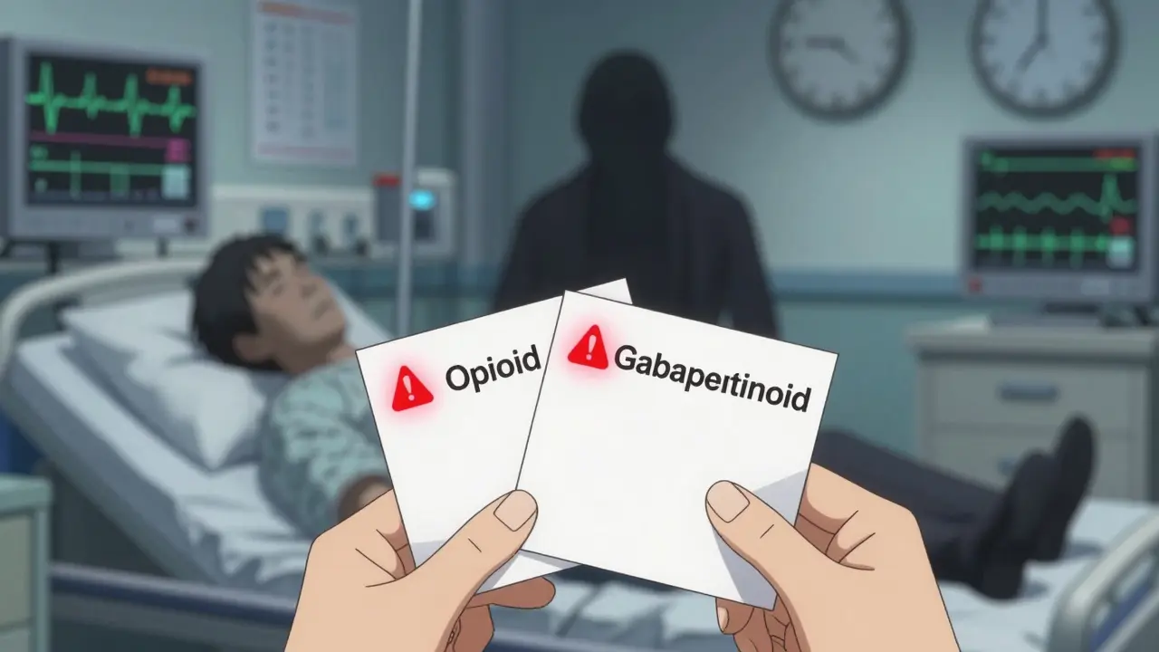 A doctor prescribing opioids and gabapentinoids as warning symbols burst and a patient collapses.