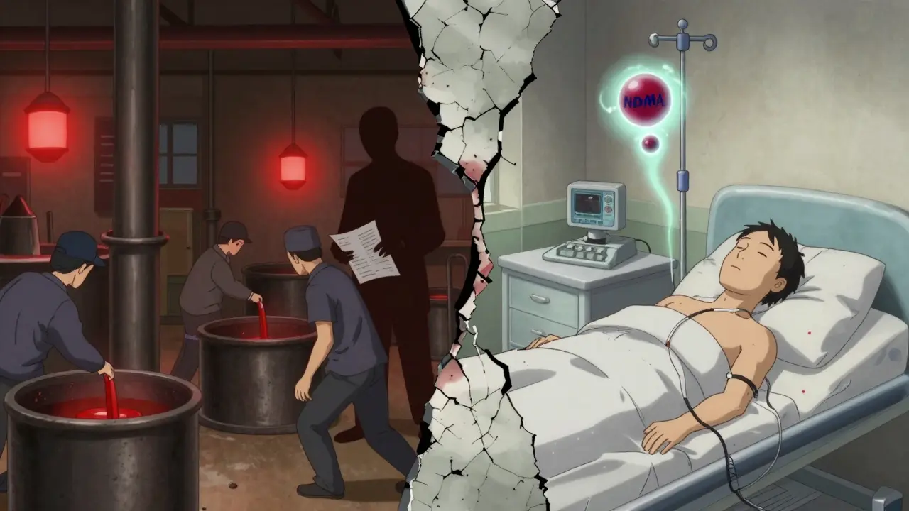 A factory in China shredding documents while a cancer patient receives contaminated IV treatment in a hospital room.