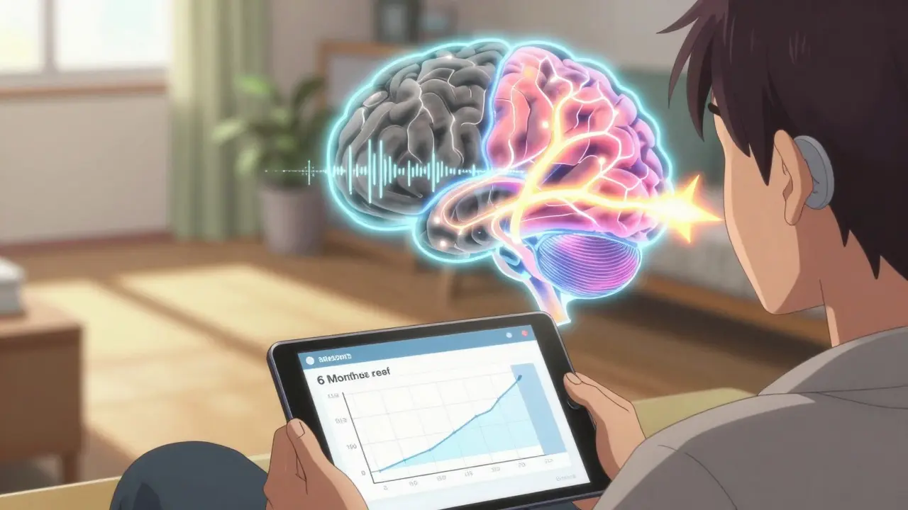 A glowing brain neural network relearning sound after cochlear implant activation.