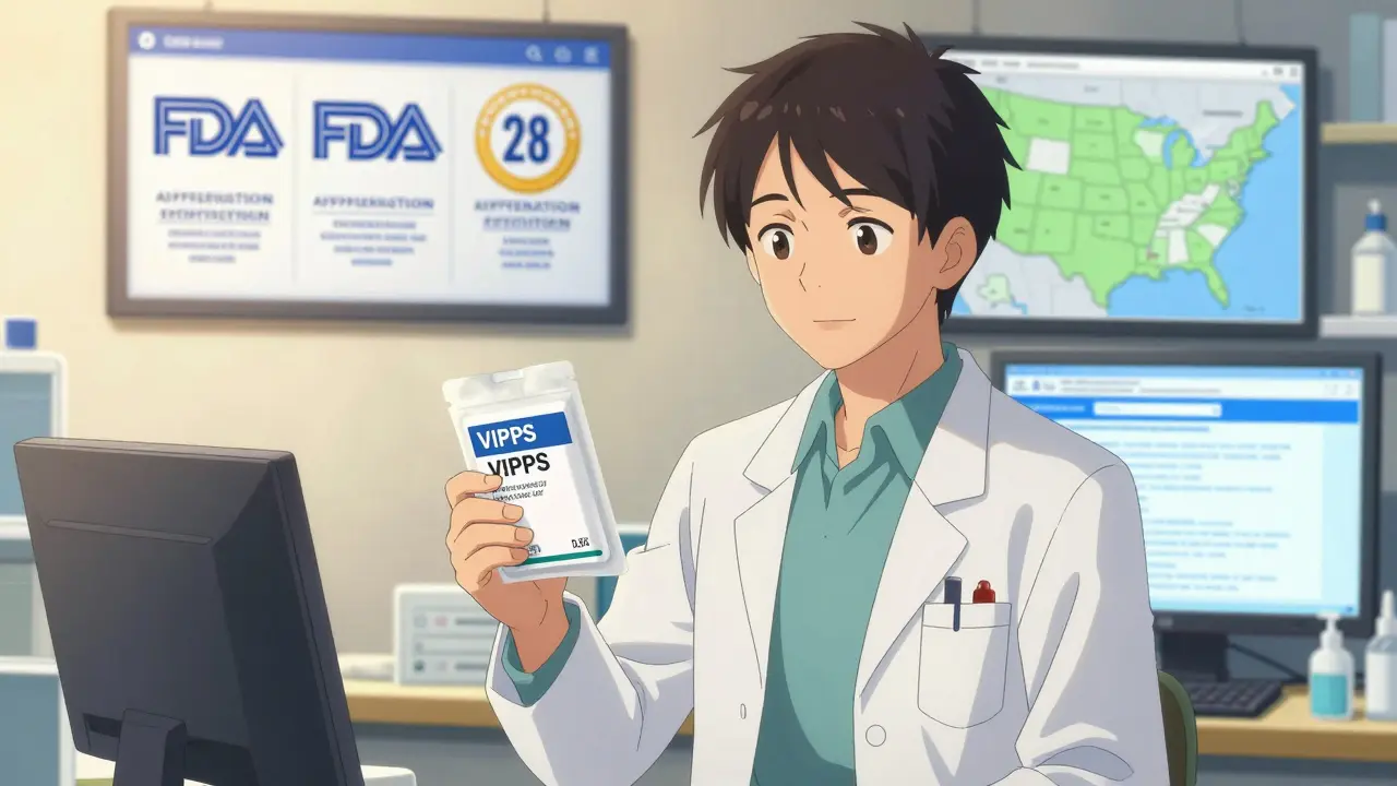 A licensed pharmacist holds a verified medication package with temperature-controlled packaging.