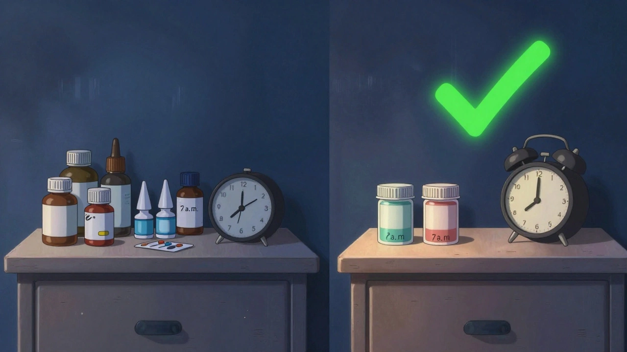 A nightstand transformed from chaotic with many meds to calm with just two pills and one morning alarm.