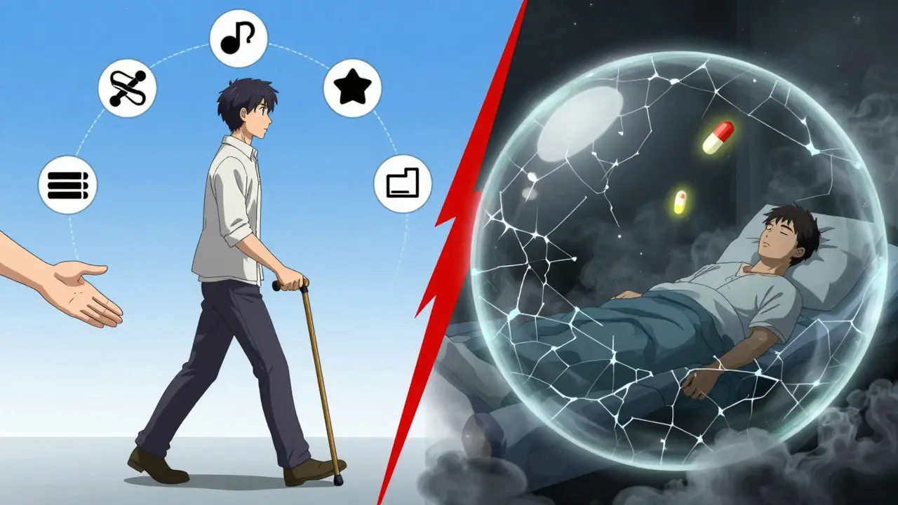 A person choosing safe pain relief on one side, and collapsing under dangerous drugs on the other.