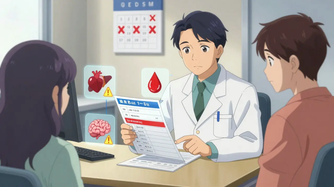 A pharmacist and patient reviewing medications together, with floating warning icons for dangerous drug interactions.