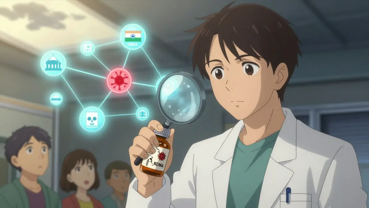 A pharmacist examining a pill bottle with hidden toxin symbols, as a blockchain network glows with one failing link.