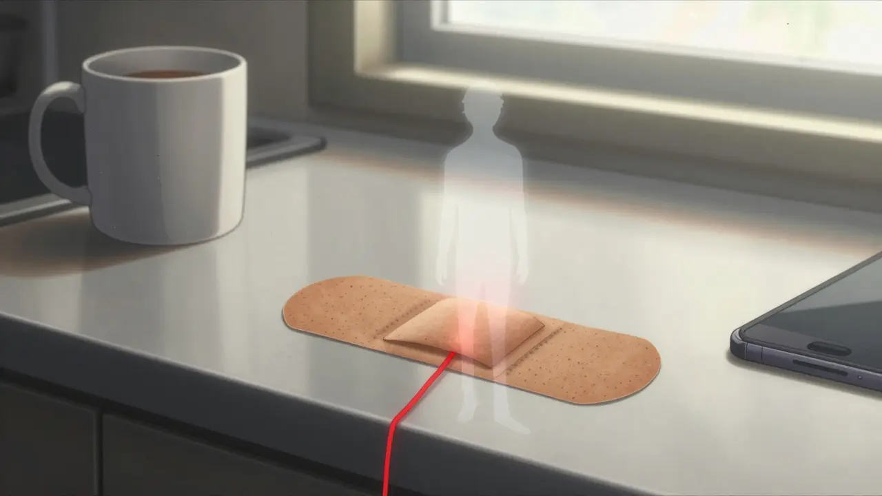 A used fentanyl patch folded on a counter, faint red threads still connecting it to a ghostly silhouette.