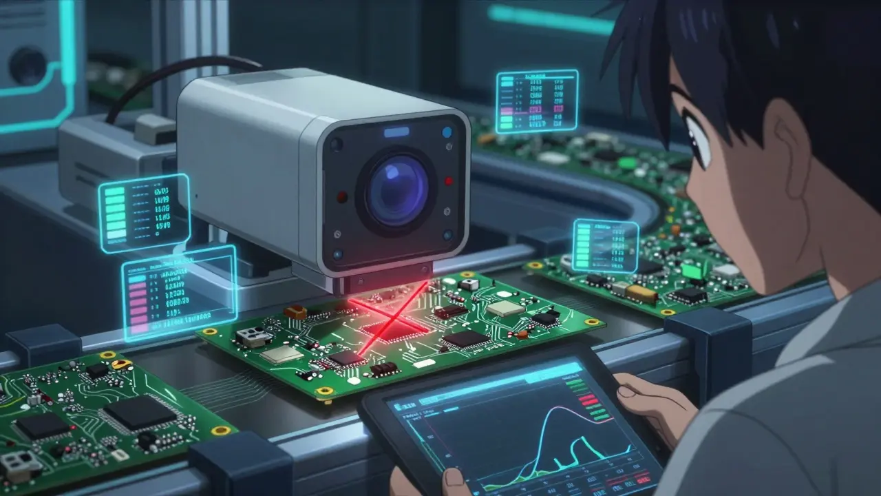 AI vision system detecting a micro-crack on a circuit board with floating data metrics.