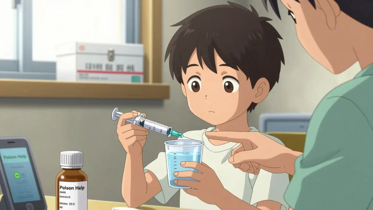 An 8-year-old practices measuring medicine with a syringe while a locked box sits safely above.