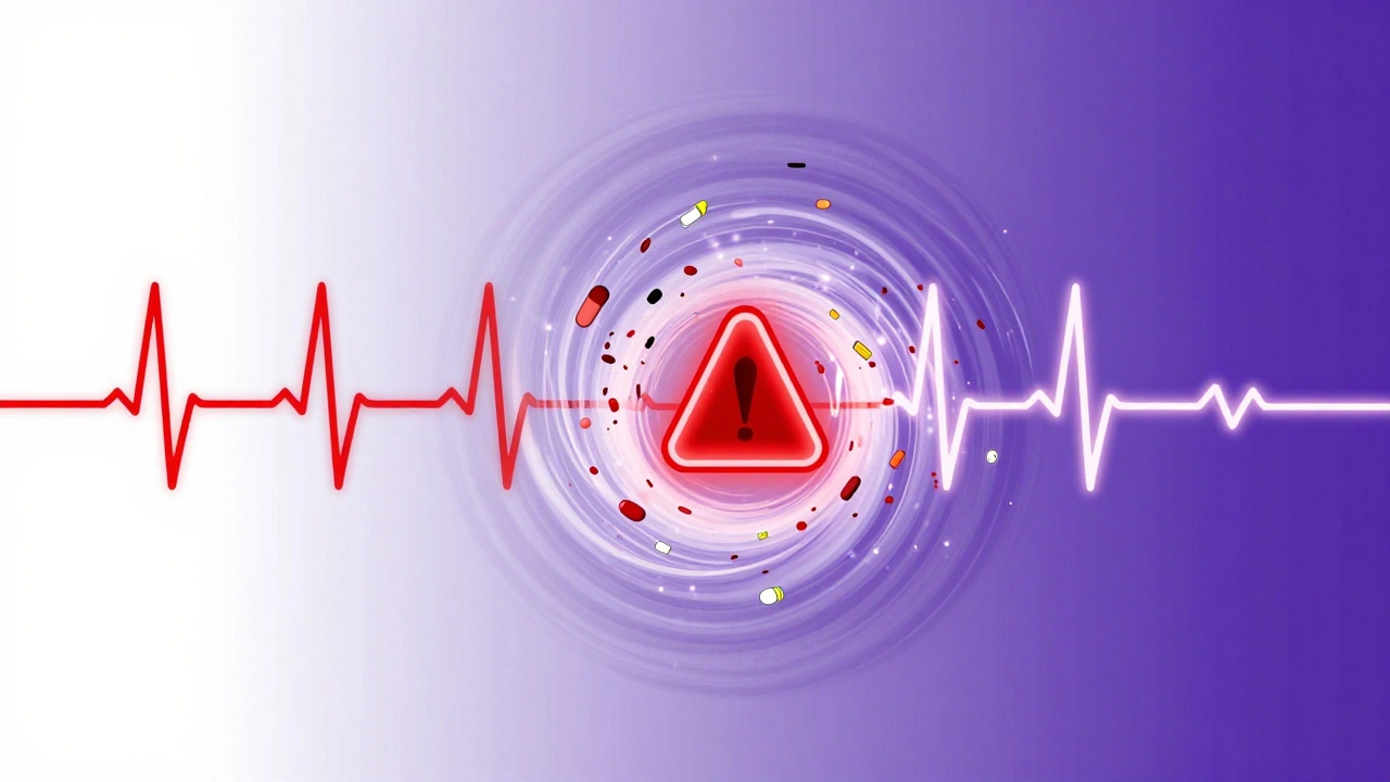 An ECG waveform turning into a chaotic spiral of arrhythmia with floating drug icons.
