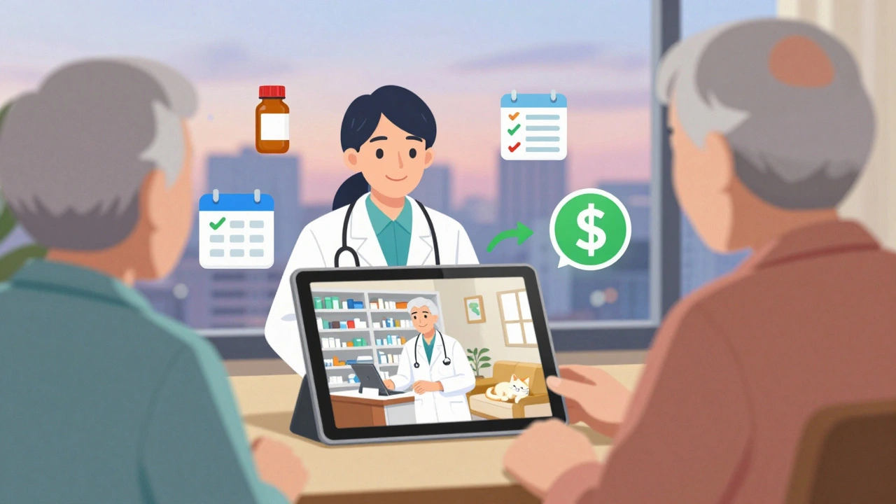 An elderly patient has a video consultation with a pharmacist about medications.