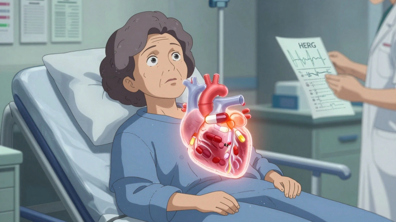 An elderly woman feeling dizzy, with a translucent view of her heart blocked by drug molecules.