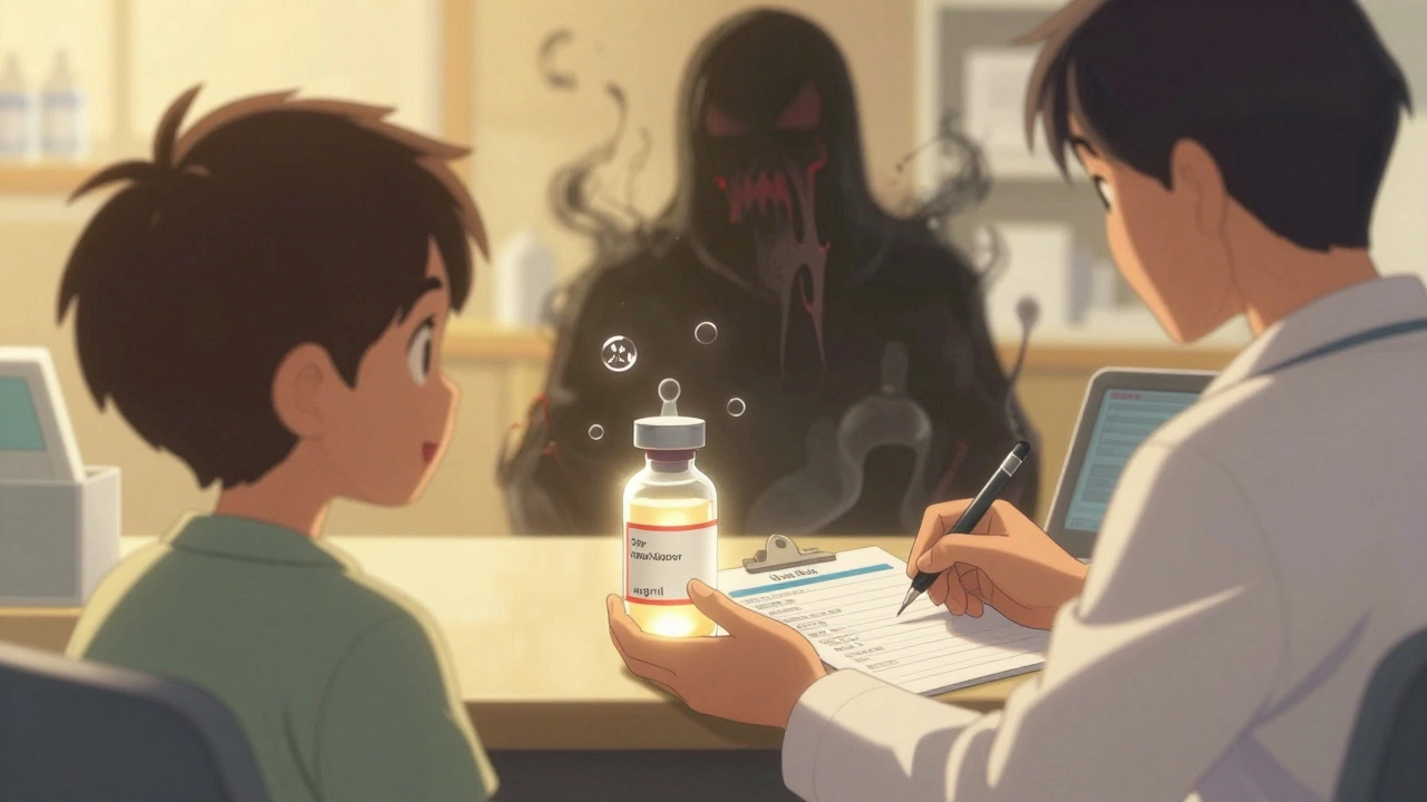 Child receiving safely labeled custom medication as a dangerous error figure dissolves into smoke.
