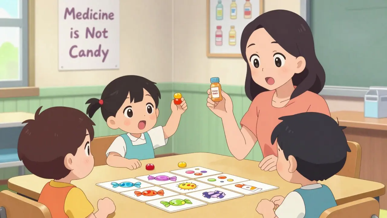 Children sort cards of candy and medicine in a classroom, teacher guiding them with smiles.