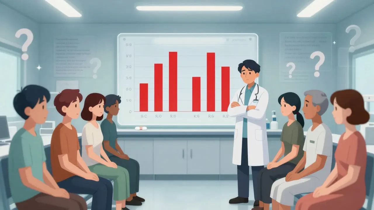 Clinical trial with two patient groups and identical muscle pain results shown on a chart.
