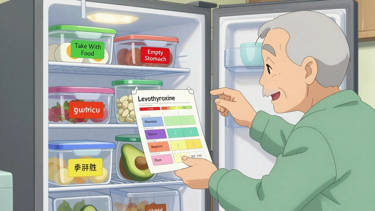 Color-coded fridge labels showing food rules for different medications.