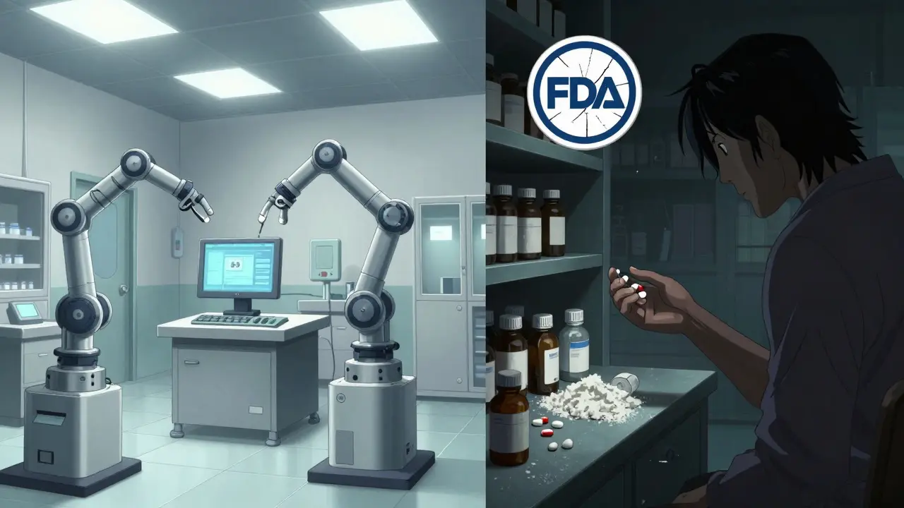 Contrasting scenes of regulated vs. unsafe compounding pharmacies with FDA seal floating above.