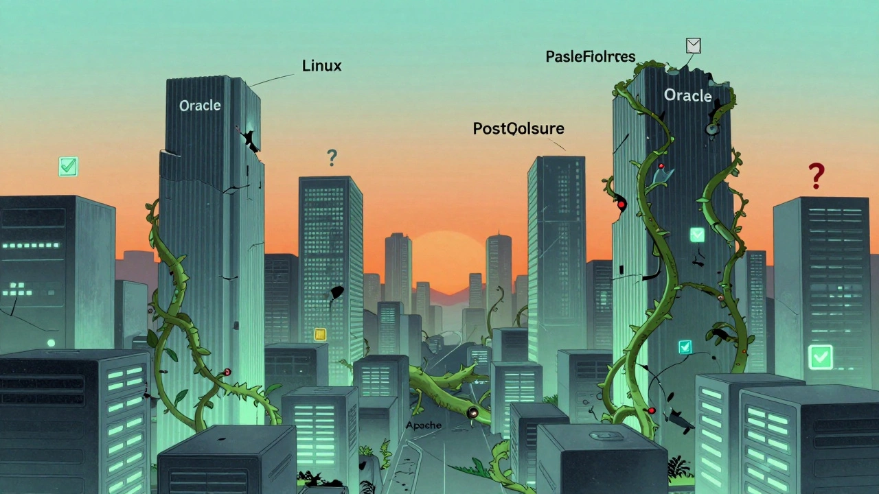Corporate tech towers crumble as open-source code grows across a futuristic digital skyline.
