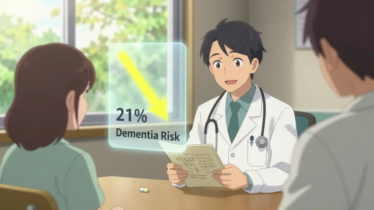 Doctor and patient in clinic with memory journal and dementia risk chart floating softly behind them.