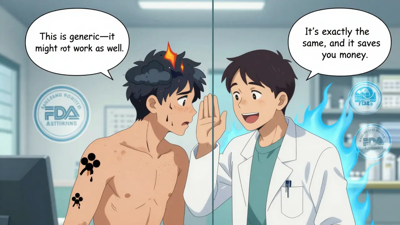 Doctor and pharmacist giving contrasting messages about generic medication, with visual split of patient's body reacting differently.