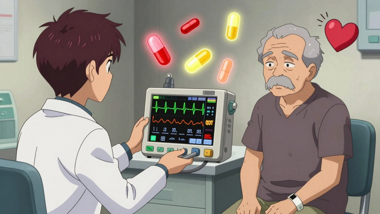 Doctor using portable ECG monitor with patient, drug icons floating around showing QT risk levels