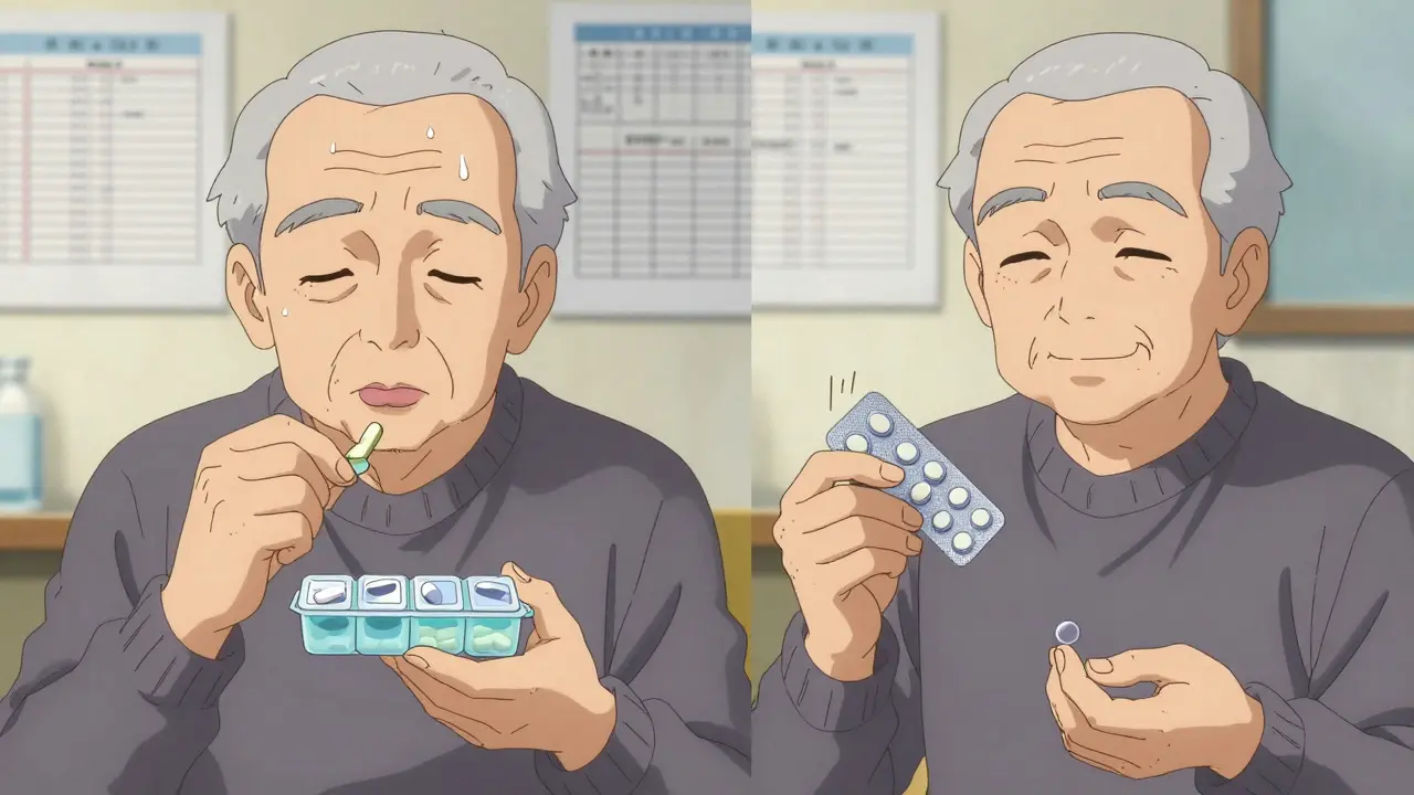 Elderly patient struggles with two separate pills versus taking one combination pill.