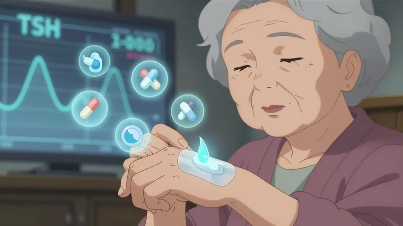Elderly woman applying transdermal gel to her wrist as pill icons dissolve into the cream.