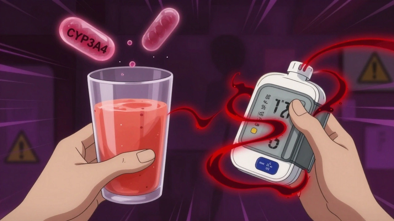 Grapefruit juice interacting dangerously with blood pressure medication.