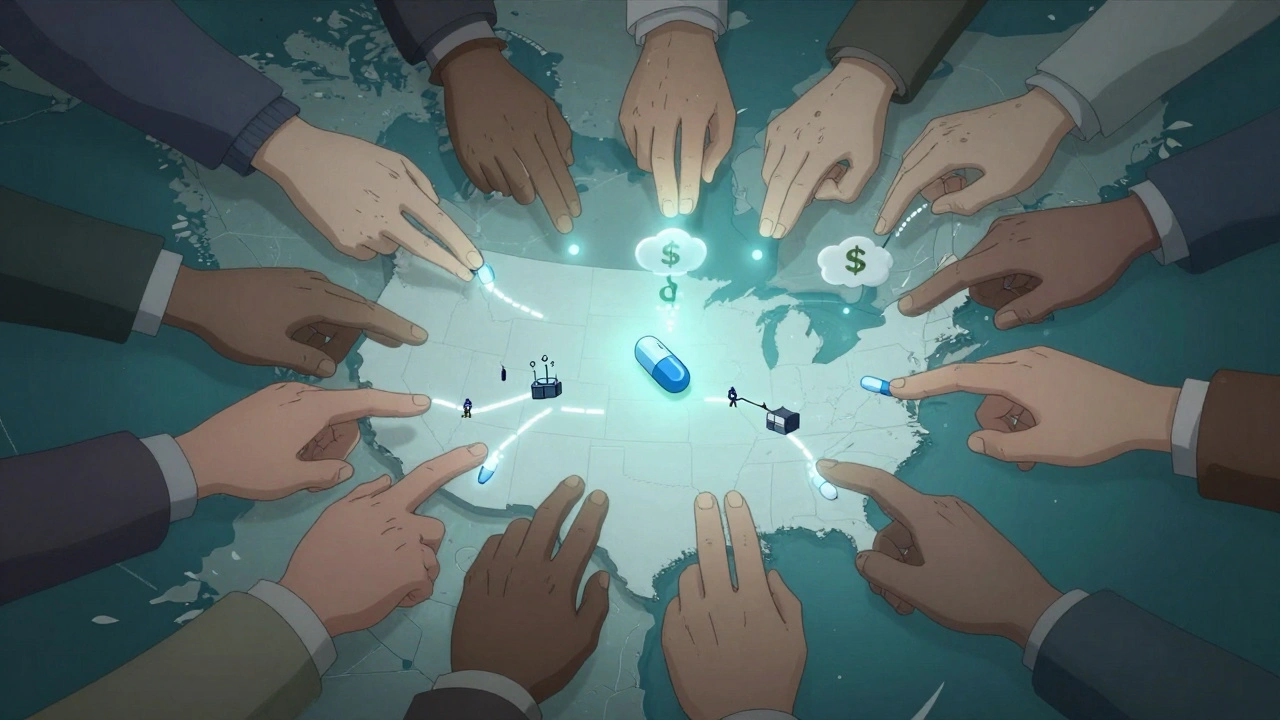 Hands across U.S. states pass a generic pill between stockpiles and factories on a map.