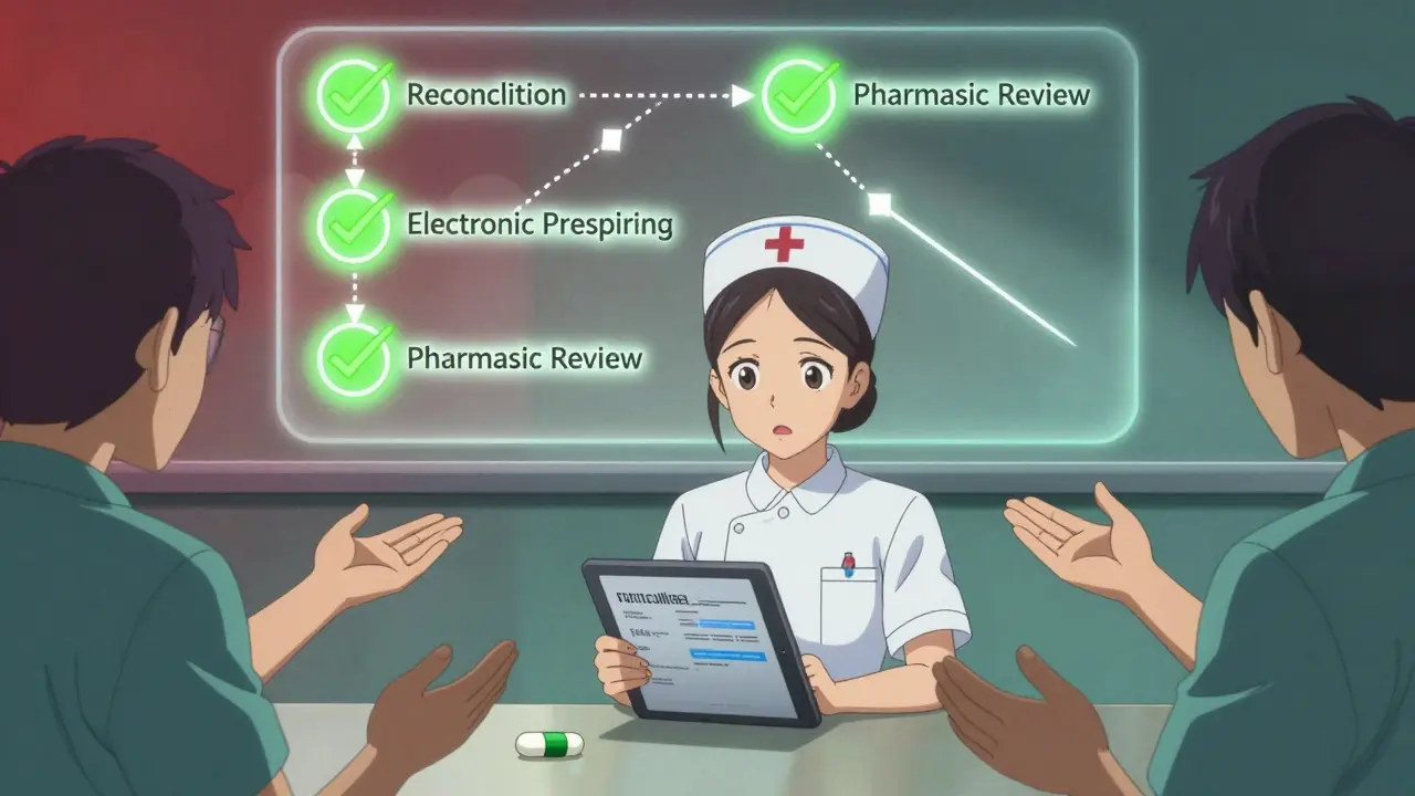 Healthcare staff supporting a nurse reporting a medication error in a compassionate, non-blaming environment.